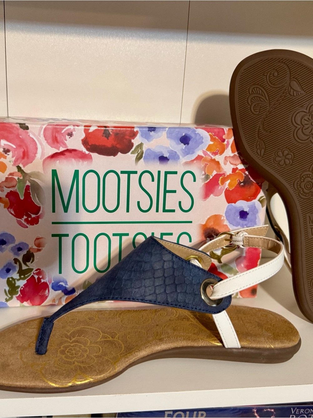 Mootsies Tootsies Navy and White Thong Sandal with Gold Accents